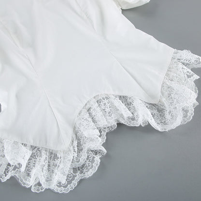 Lace Hem Puff Sleeve Cotton Blouse