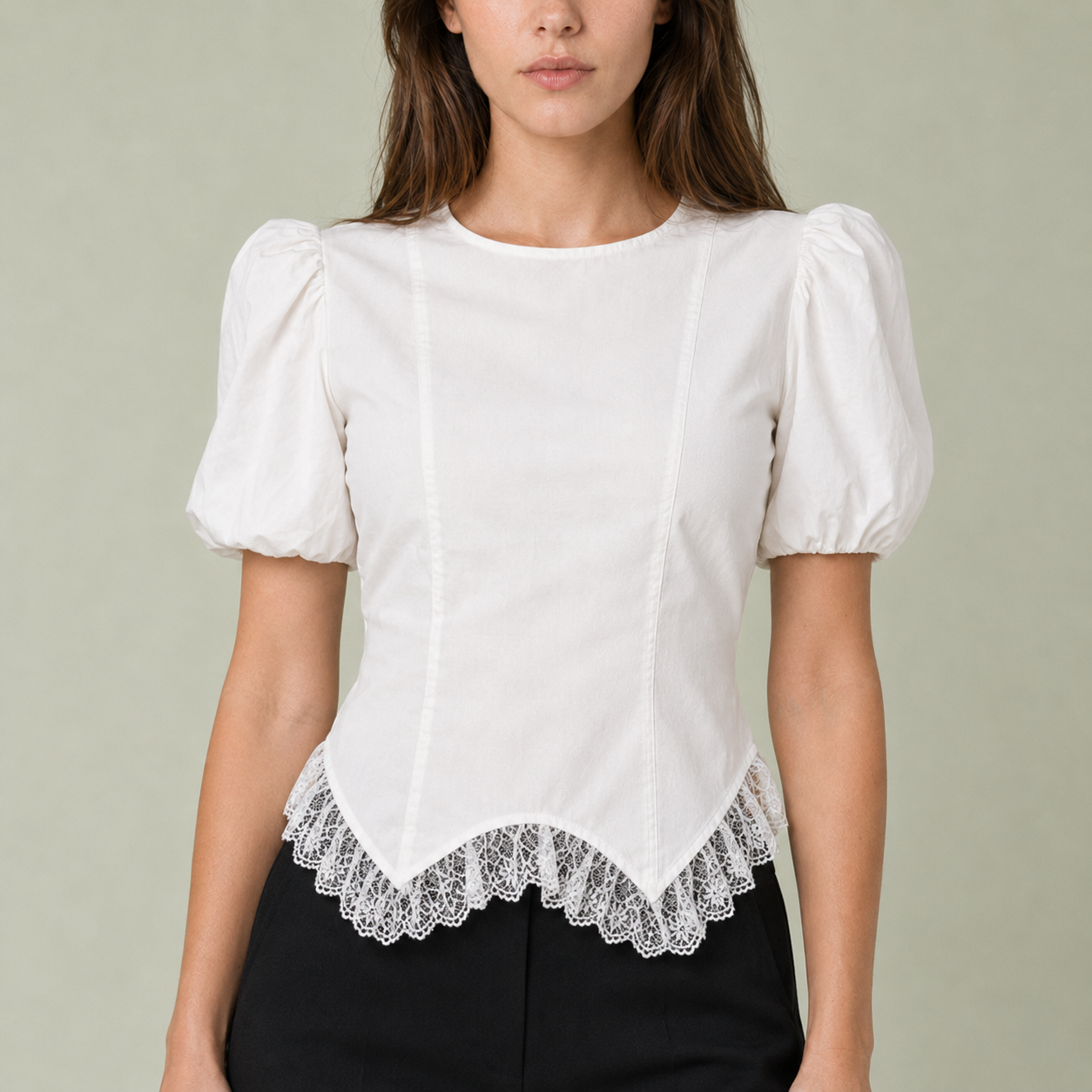 Lace Hem Puff Sleeve Cotton Blouse