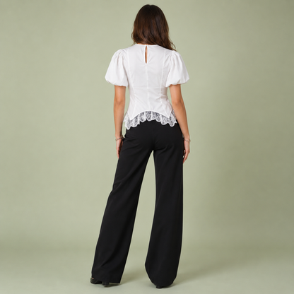Lace Hem Puff Sleeve Cotton Blouse