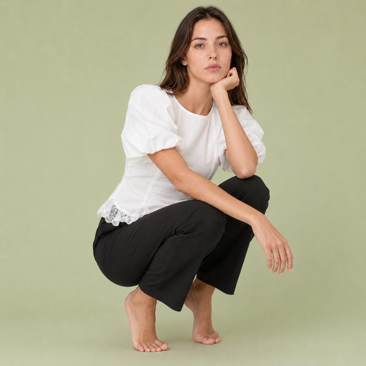 Lace Hem Puff Sleeve Cotton Blouse