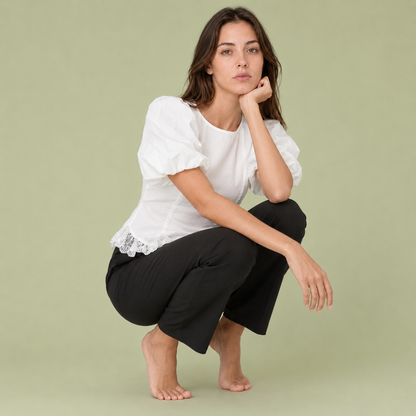 Lace Hem Puff Sleeve Cotton Blouse