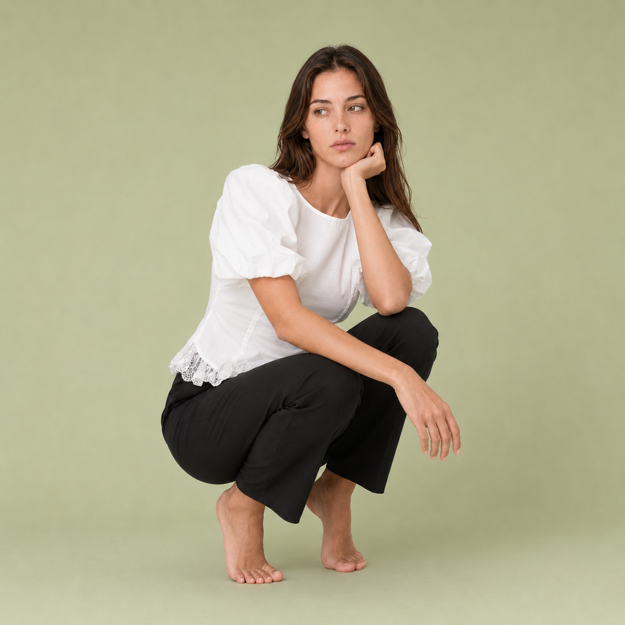 Lace Hem Puff Sleeve Cotton Blouse