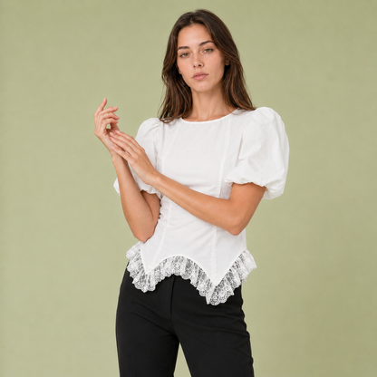 Lace Hem Puff Sleeve Cotton Blouse
