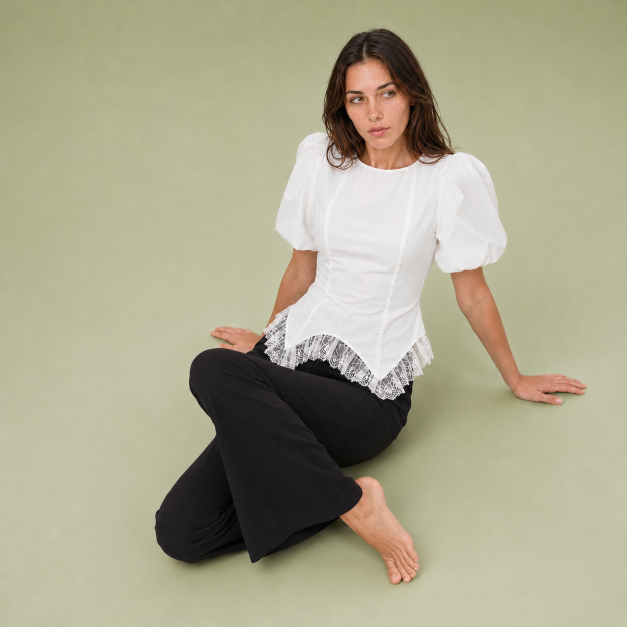 Lace Hem Puff Sleeve Cotton Blouse