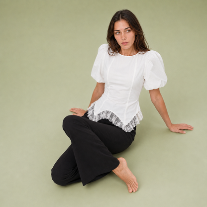 Lace Hem Puff Sleeve Cotton Blouse