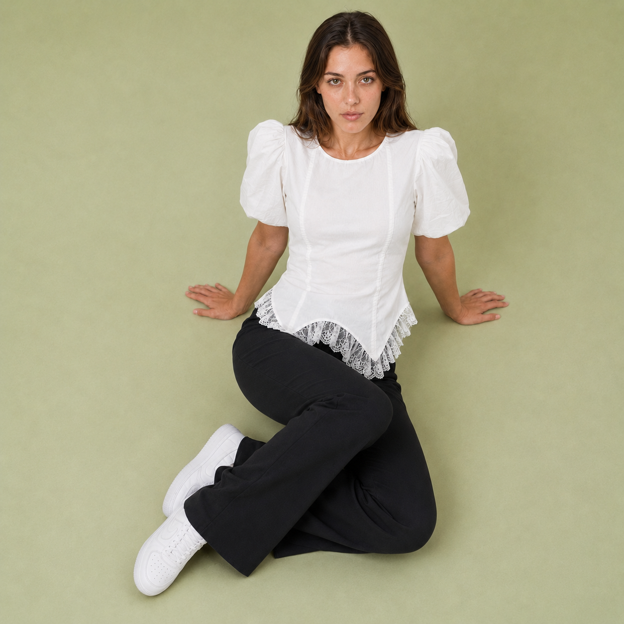 Lace Hem Puff Sleeve Cotton Blouse
