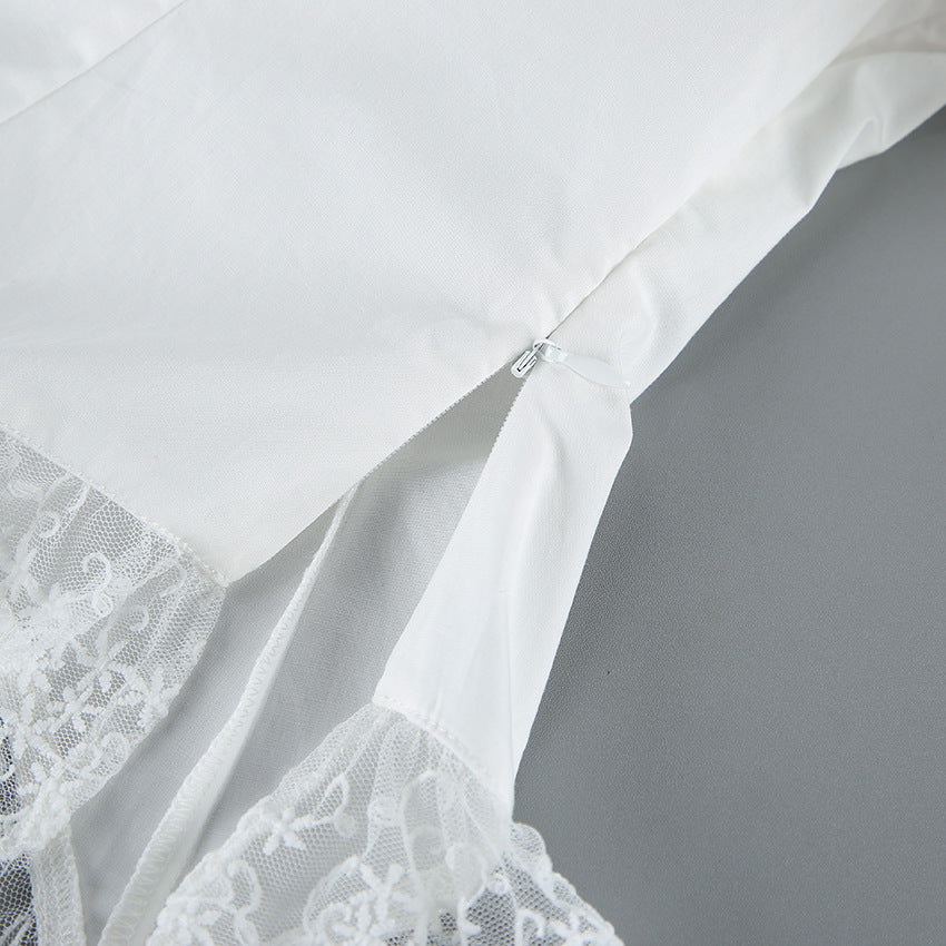 Lace Hem Puff Sleeve Cotton Blouse