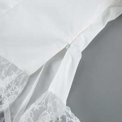 Lace Hem Puff Sleeve Cotton Blouse