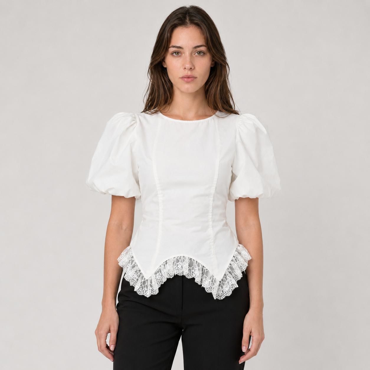 Lace Hem Puff Sleeve Cotton Blouse