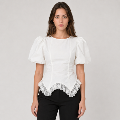 Lace Hem Puff Sleeve Cotton Blouse